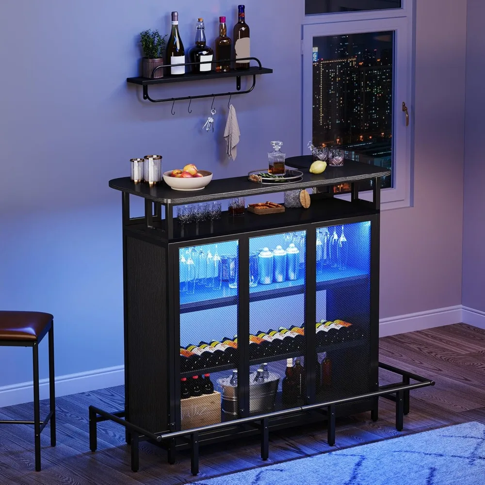 

Mini Home Bar Unit for Living Room with Wall-Mounted Shelf Rack & Music Sensing LED Light, Tall Bars Table with Wine Rack Alcoh