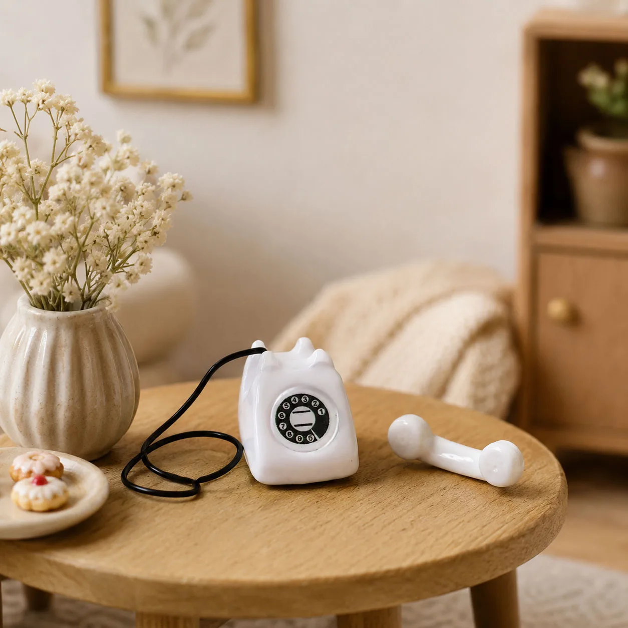 1:12 Mini Retro-Telefon Puppenhaus-Dekoration, Vintage Wählscheiben-Telefonmodell mit Kabel, Winziges Schreibtisch-Telefonzubehör – Detail 5