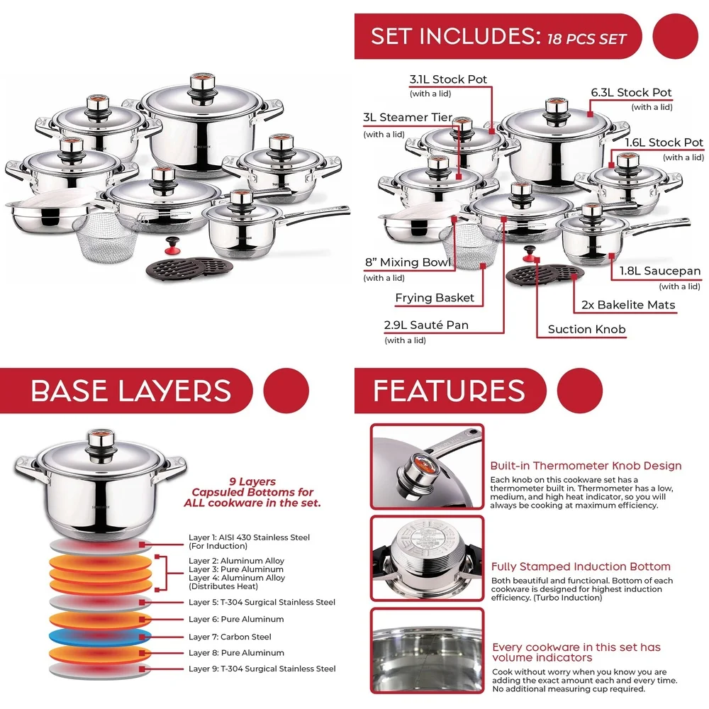 

Cookware Sets18 PCS Premium Cookware Set with Fry Pans Sauce Pots Casserole for Complete Kitchen Needs