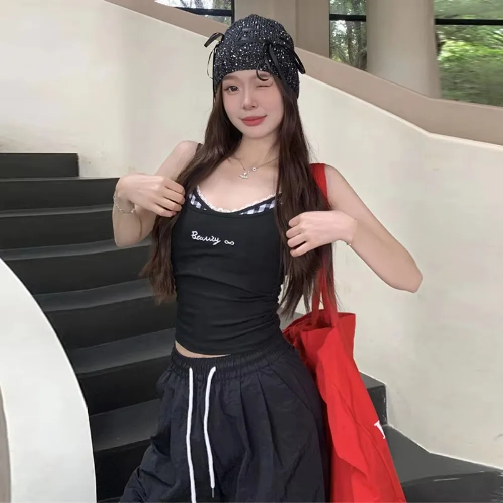 Sweet Spicy Plaid Pad Camisole Tank Top Lace Trim Cotton Slim Fit Outerwear Belted Backless Sleeveless Camisole Women