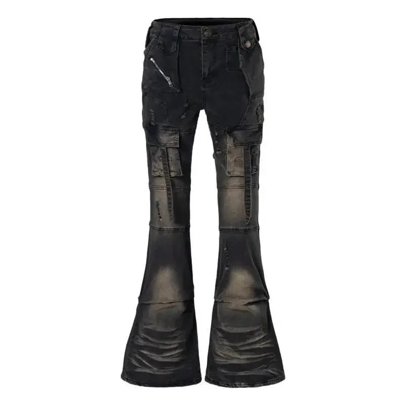 American Retro Design Micro Flare Men's Cargo Jeans Loose Straight Long Denim Trousers Multi Pocket Casual Bottoms VD5G1
