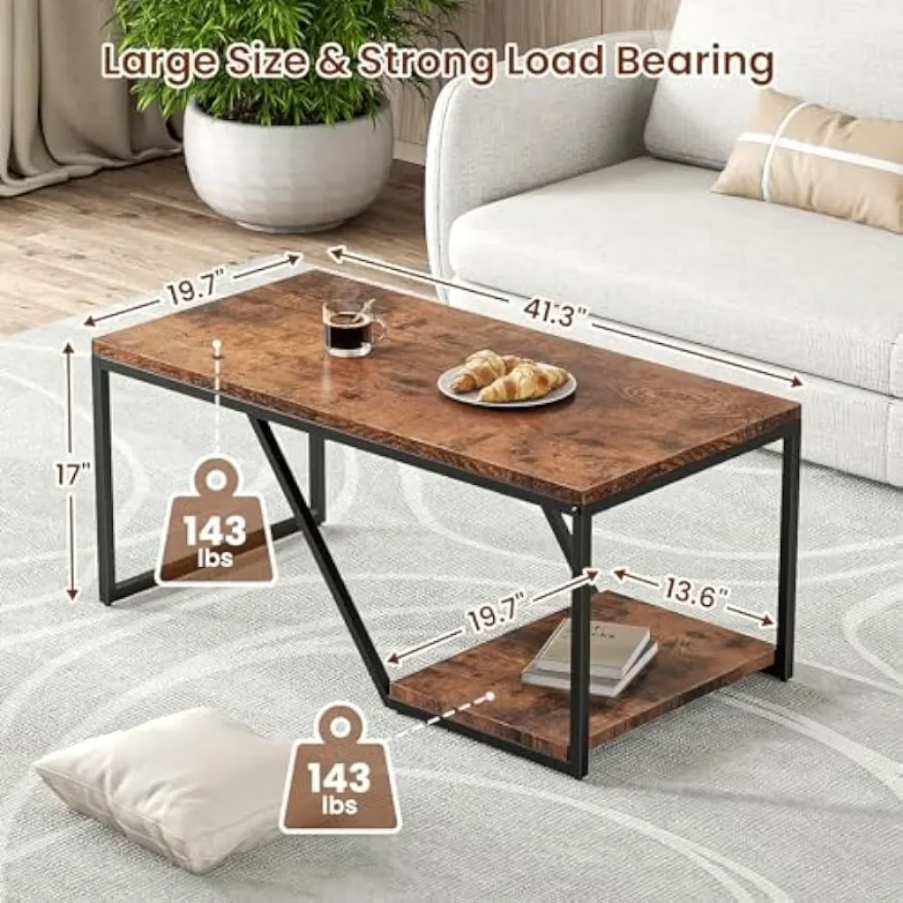 2-Tier Industrial Rectangle Rustic Coffee Table for Living Room Small Spaces, Living Room Center Table with Storage Shelf