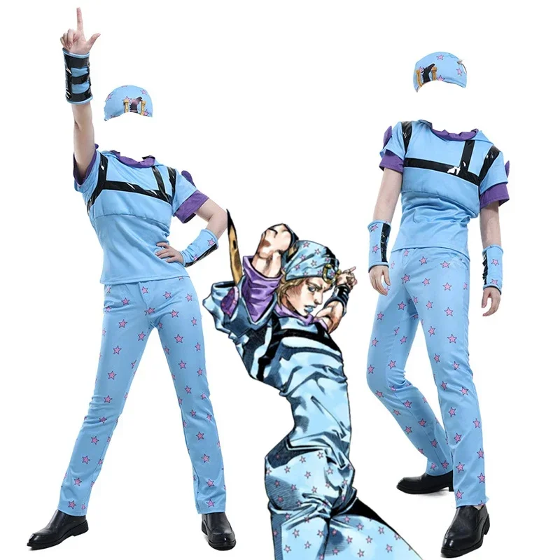 Anime JoJo's Bizarre Adventure Johnny Joestar Cosplay Costume Men Uniform Halloween Pajamas Top Pants Hat Wristband Suit