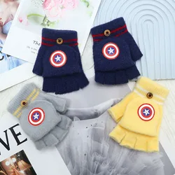 MINISO Marvel Captain America shield children's half-finger warm gloves winter padded knitted cartoon flap cold gloves