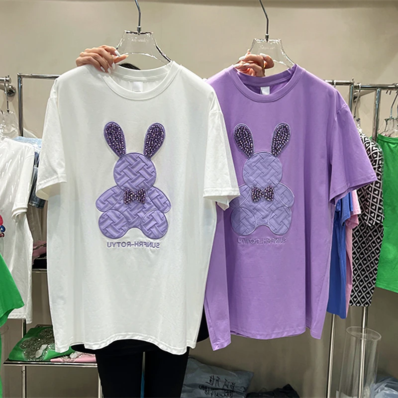 Harajuku Pure Cotton Purple Crystal Diamonds Rabbit Embroidery Cute T Shirts Kawaii Women Girls Loose Casual Tops Korean Fashion