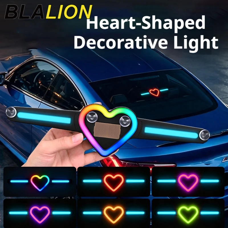 BLAION Heart Shaped Solar Powered Car Warning Light Suction Cup Mount No Wiring RGB Atmosphere Lamp for Car Interior Accessories