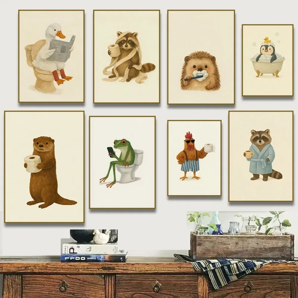 1pc frameless Canvas Painting Funny Otter Toilet Paper Duck Reading on Toilet Poster Raccoon Animal Wall Art Bathroom Canvas Pai