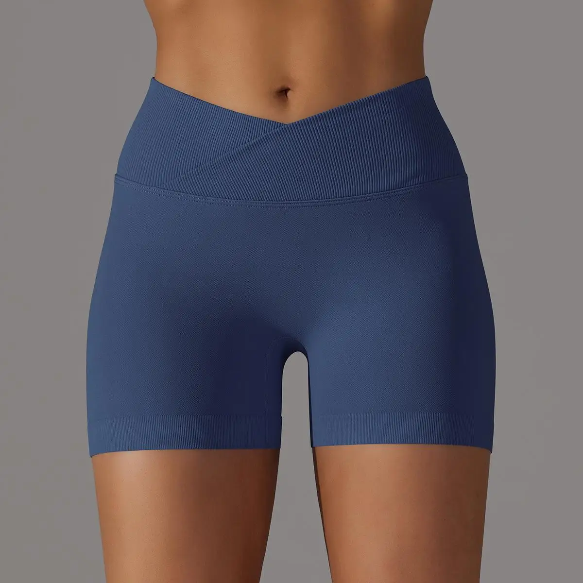 Women Seamless High Waist Ribbed V-Cross Yoga Shorts Butt Lifting Tummy Control Stretchy Slim Workout Gym Running Fitness Shorts