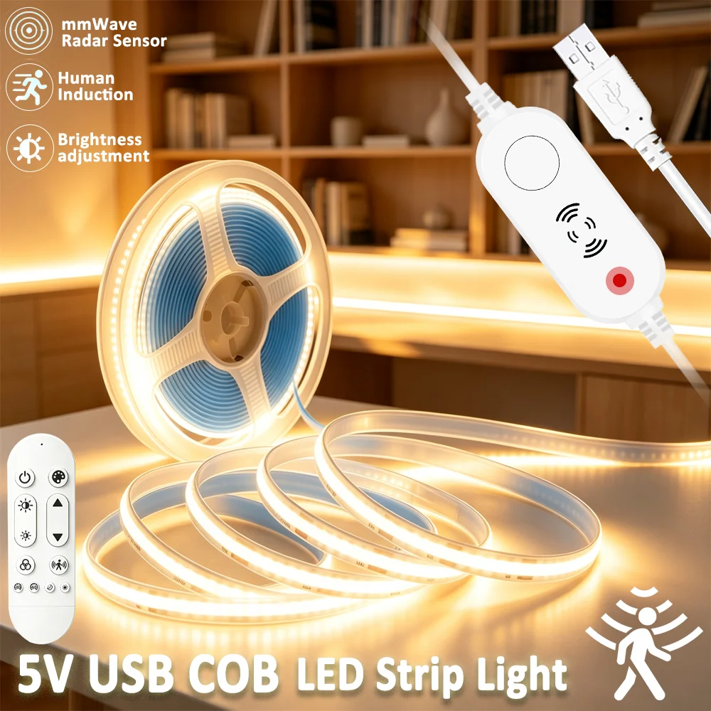 5V USB Microwave Radar COB LED Strip Light 1m-5m Warm White Flexible Dimmable Lights 2.4G RF Remote Wardrobe Mirror Home Decor