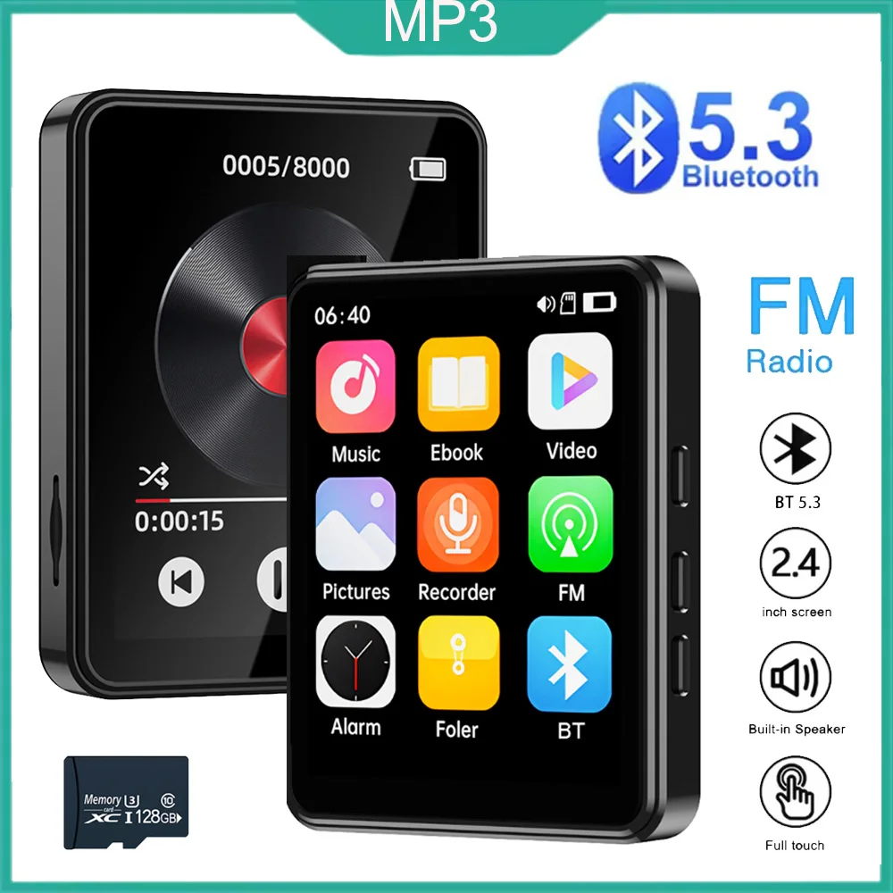 128GB 2.4-inch Touchscreen MP3 MP4 Portable Music Player Bluetooth 5.3 Radio Mini Portable Am Fm Emergency Rechargeable Radios