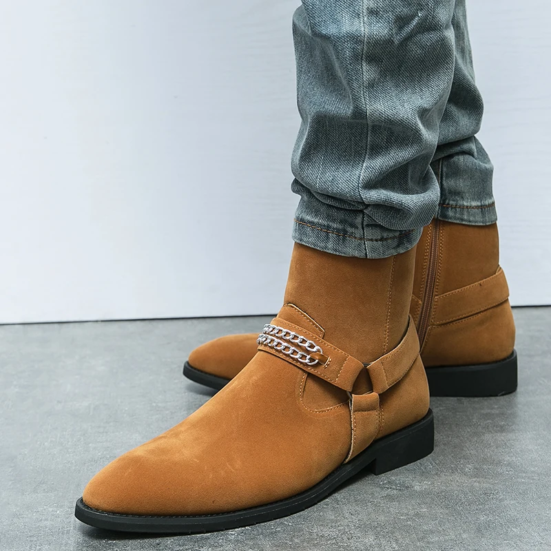 Chelsea Boots Men Fashionable British Zipper Mid Leg Denim Boots Men Outdoor Training Formal Boots Sizes 38-46 Men Boots