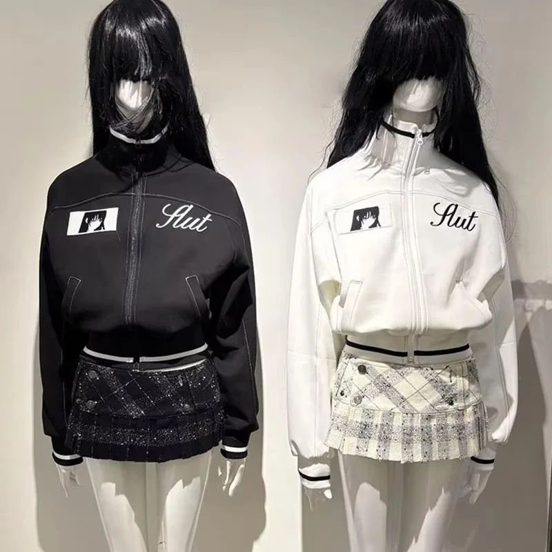 Women's Retro Letter Printed Short Baseball Jacket with Zipper, Casual and Loose College Style Long-Sleeved Sports Jacket