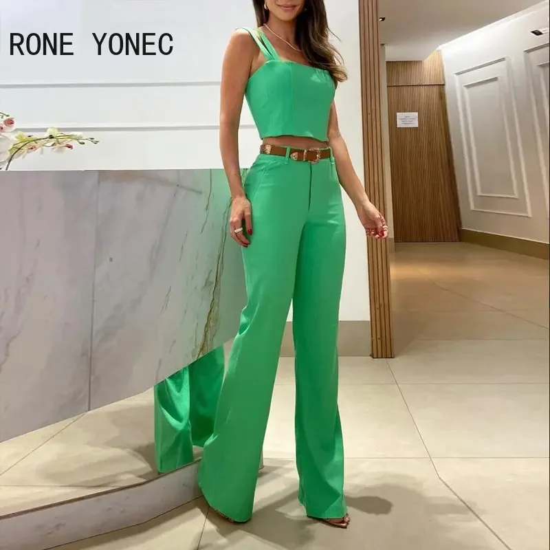 Women Fashion Solid Double Thick Straps Sleeveless Crop Top Long Straight Leg Pants Sets