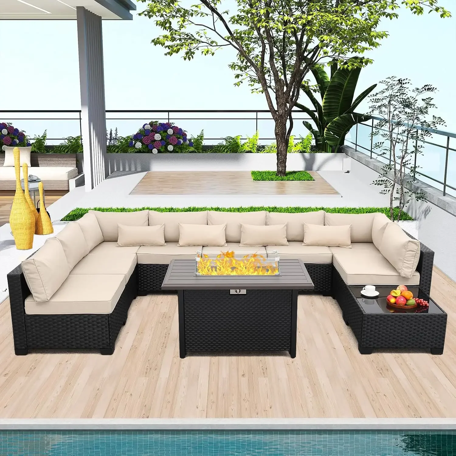 Khaki Wicker Patio Set Sectional Fire Table Glass Top Cushions Covers