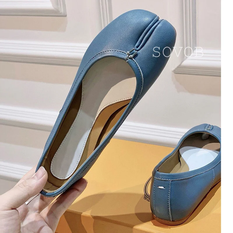 New Spring Summer Genuine Leather Split Toe Ballet Shoes Women Retro Shallow Mouth Flat Shoes Daily Casual Lazy Loafers 2024