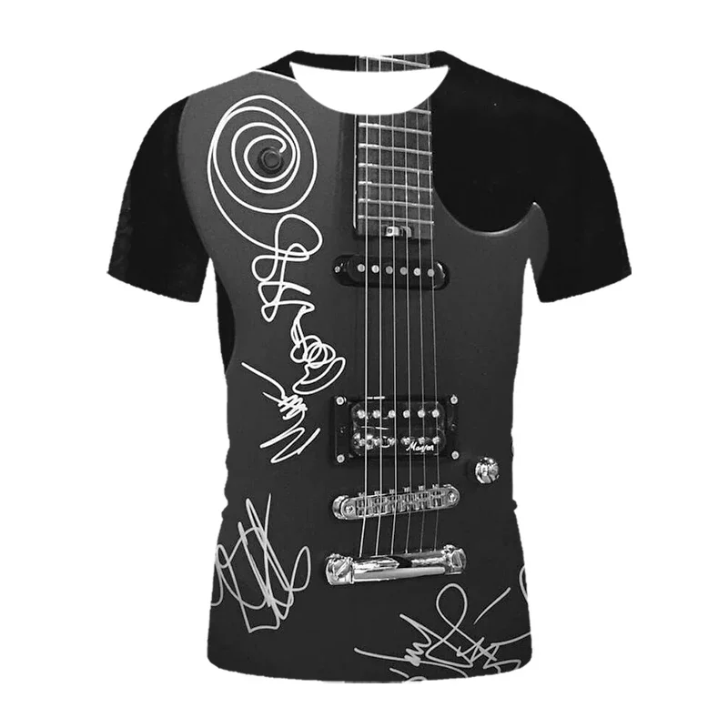 Men's and Women's Children's Music Symbol Guitar 3D Pattern Printed T-shirt Breathable Thin Crew Neck Top Casual Street Style
