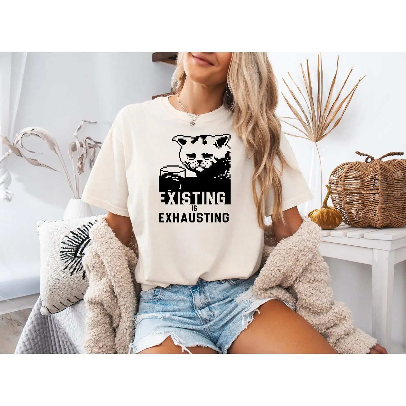 Existing Is Exhausting Cat T Shirt Sarcastic Quote vintage Washed Unisex Soft Stylish Top For Everyday Wear graphic streetwear