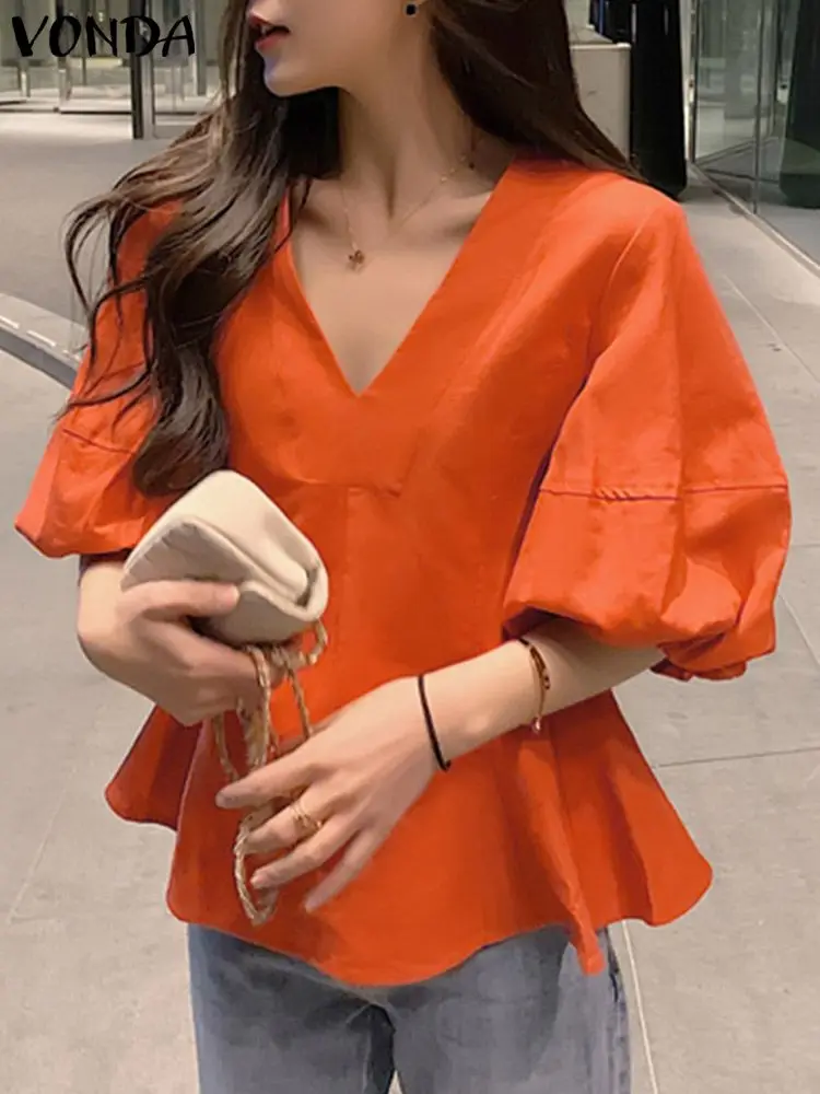 2024 VONDA Women Summer Blouses Sexy V Neck Short Lantern Sleeve Fashion Tops Solid Color Shirts Casual Party Tops Blusas Femme