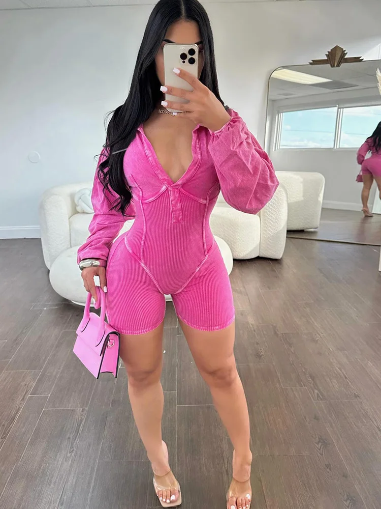 Kricesseen Casual Washed Ribbed Cargo Rompers Night Club Outfits Fashion Fashion Long Sleeve Knitted Jumpsuits Night Clubwear