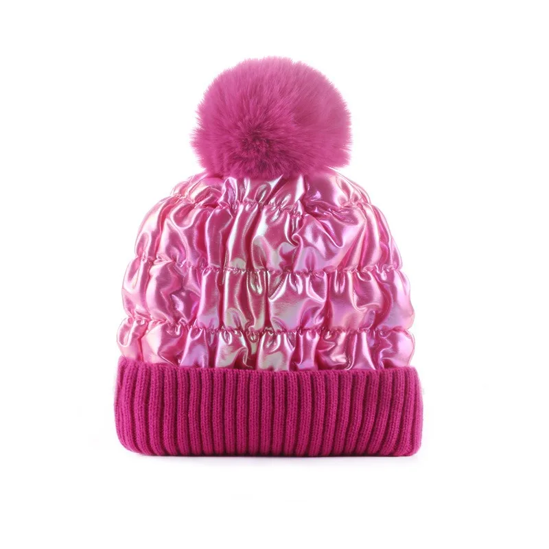 Fuzzy Pompom Knit Beanie - Plush Fleece Lined Winter Hat, Shiny Patent Leather Touch, Warm Slouchy Skull Cap for Women Men