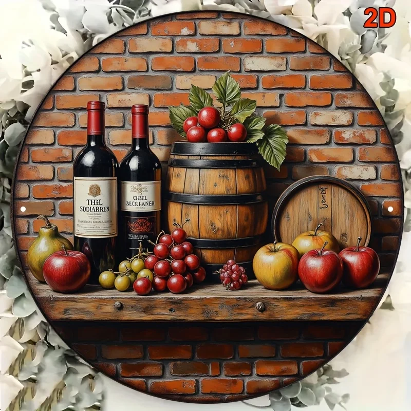 2D Flat, 1pc Vintage Wine & Fruit Still Life Metal Wall Art - Rustic Farmhouse Decor with Wine Bottles, Barrels, Grapes & Apples
