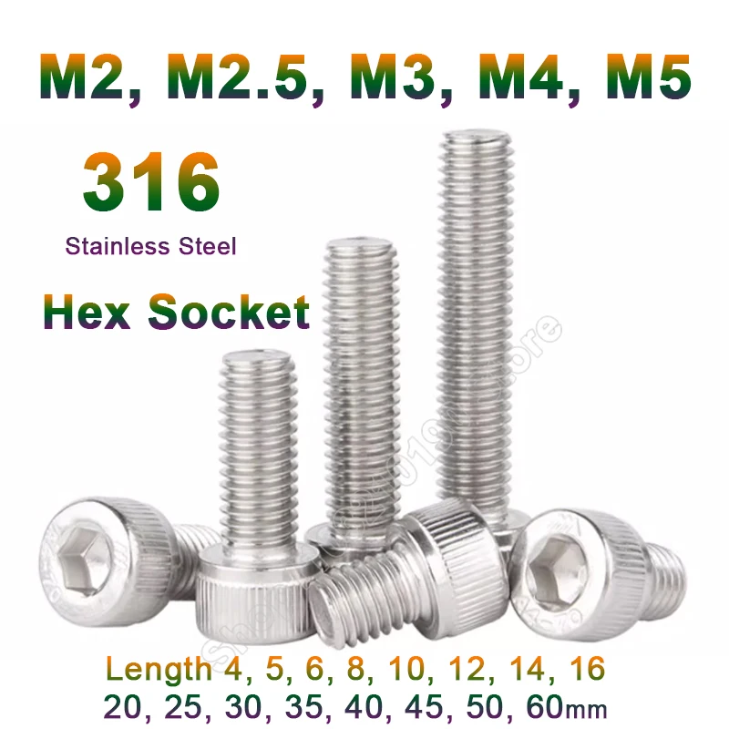 

10-50pcs DIN912 M2 M2.5 M3 M4 M5 316 Stainless Steel Hexagon Hex Socket Head Cap Allen Bolt Screw Length 4-60mm