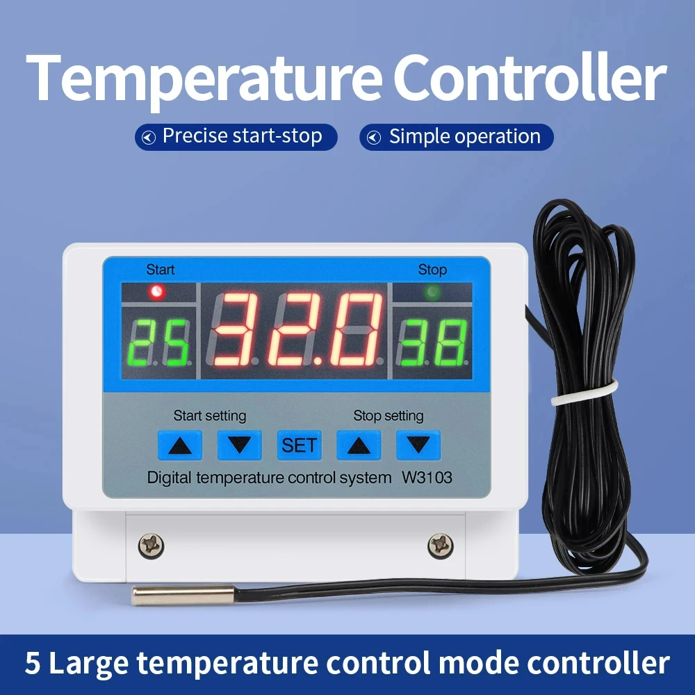 Digital Temperature Controller DC12V/AC220V Max 5000W Digital Thermostat 30A -19 to 99℃ Temperature Controller Switch W3103