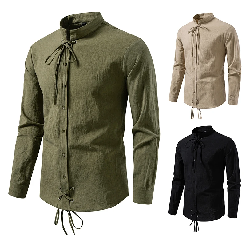 Vintage Medieval Clothing Man Dress Shirts Pirate Drawstring Designer 100% Cotton Camisa Cowboy Hombre Mens Casual Streetwear