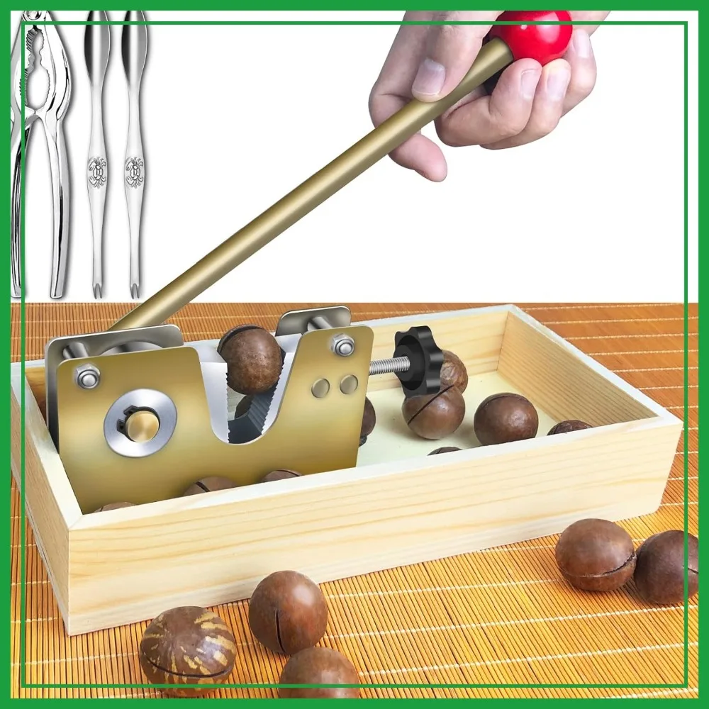 

Heavy Duty Macadamia Nut Cracker Tool with Crab Cracker, 2 Forks, Wood Handle & Rectangular Box for Walnuts, Almonds, Pecans, Hazelnuts