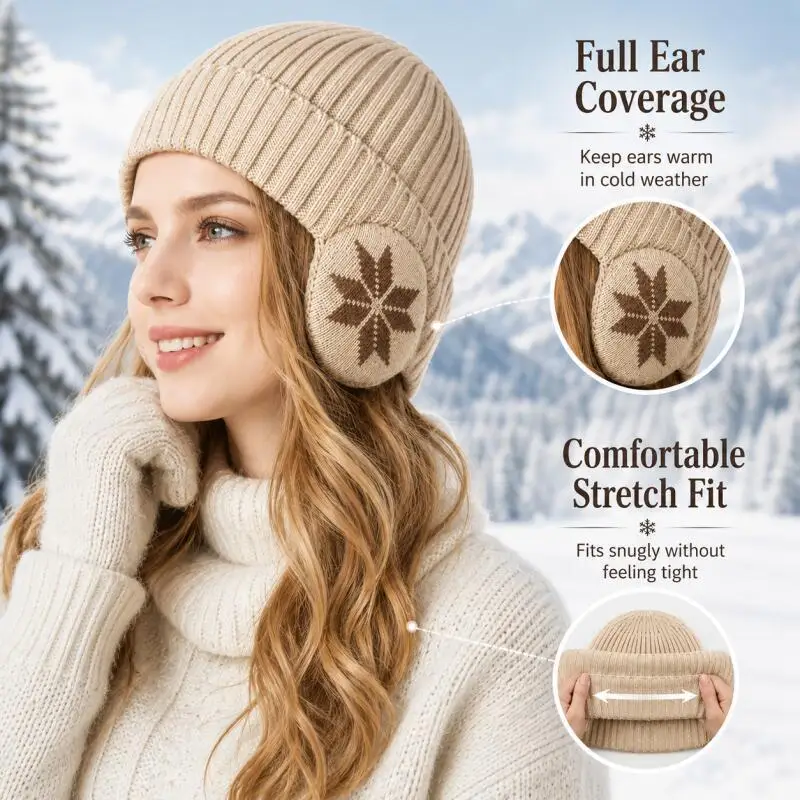 Winter Fleece-Lined Earflap Knit Beanie, Unisex Warm Ribbed Hat with Snowflake Ear Covers for Outdoor Travel