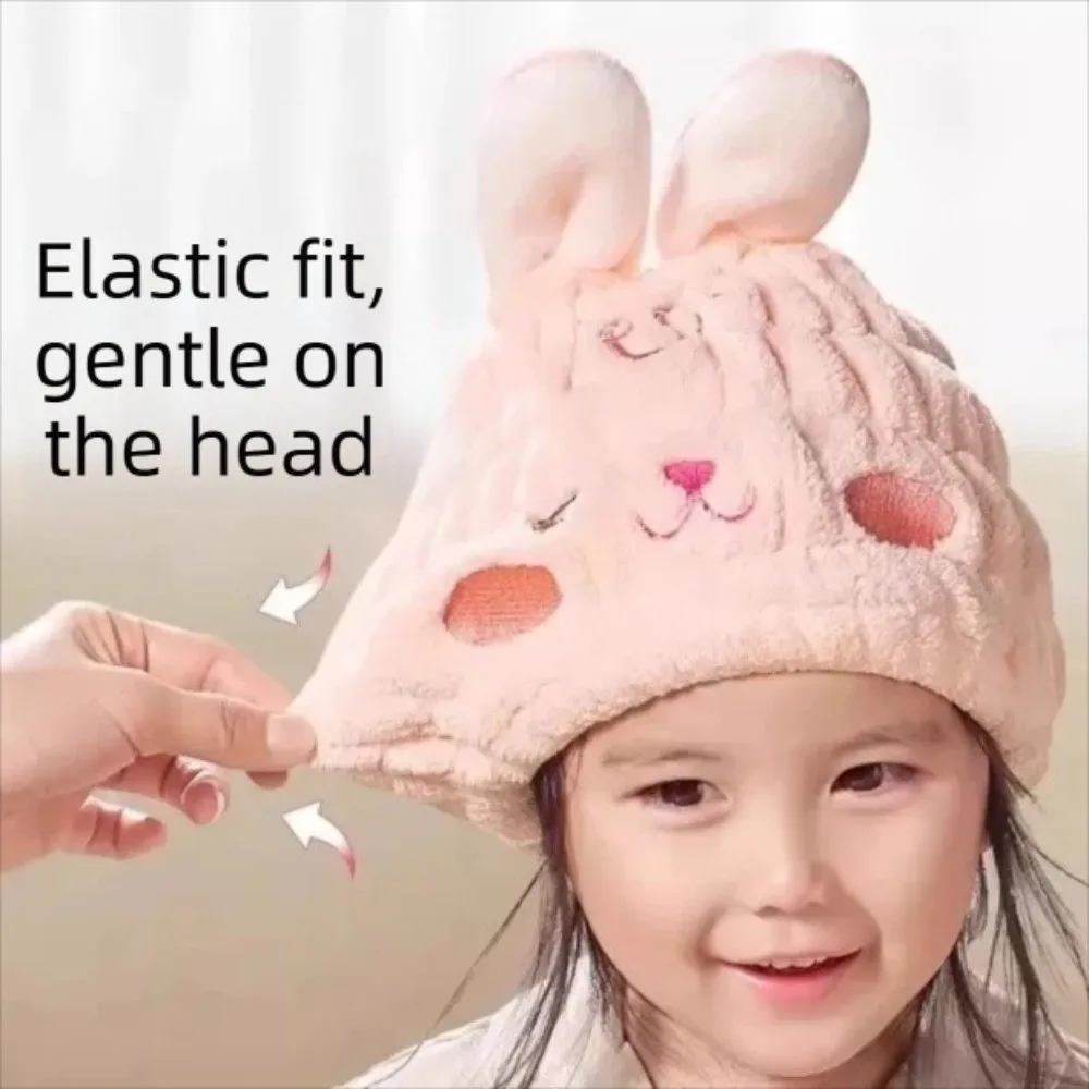 Thickened Children's Dry Hair Cap Creative Rabbit Head Design Elastic Round Cap Cartoon Absorbent Hair Drying Towel Home Use