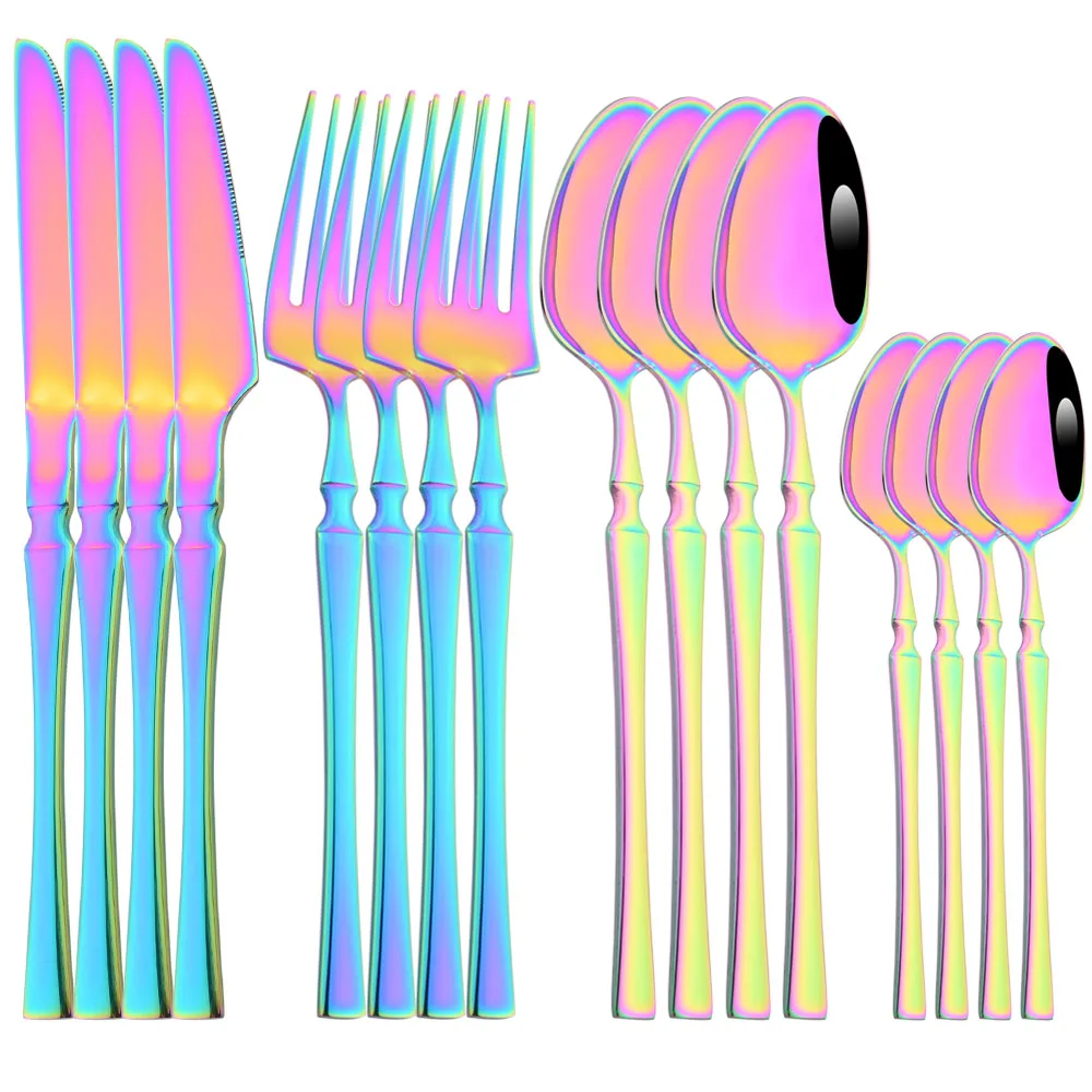 

16Pcs Rainbow Dinnerware Set Stainless Steel Tableware Set Knife Fork Coffee Spoon Flatware Dishwasher Safe Dinner Cutlery Gift