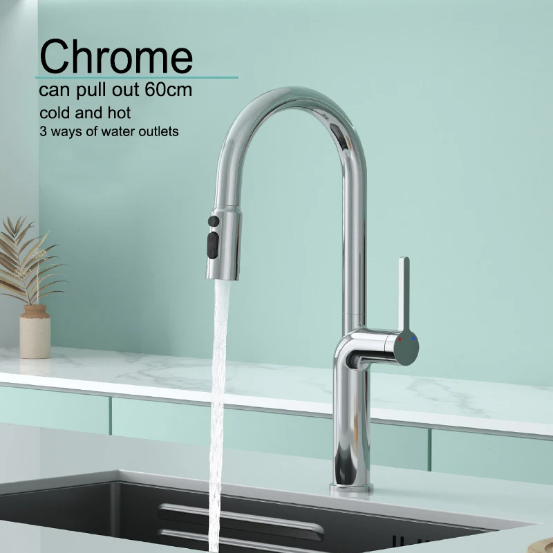 High-Quality Basin Faucet  360 ° Rotation Cold and Hot Deck Mounted Pull Out Sink 3 Ways Water Outlet Methods Brass  Tap