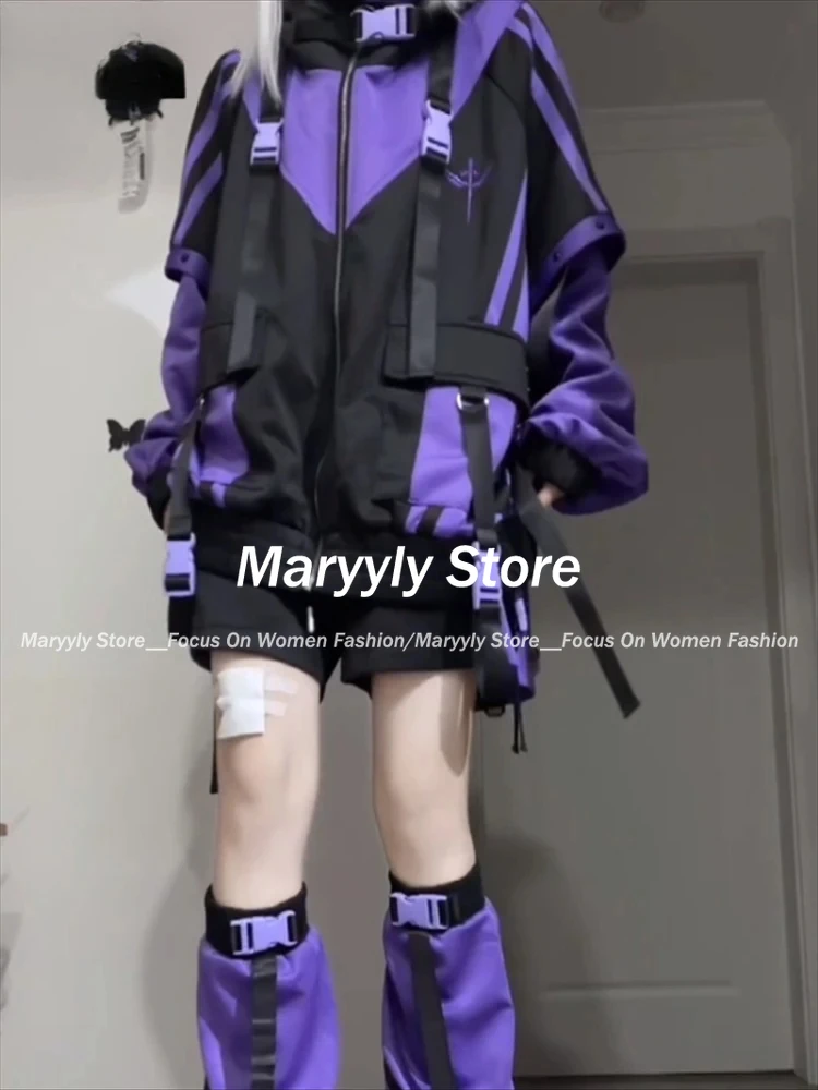 Subculture Y2K Streetwear Jackets Hoodie Women Japanese Harajuku Tops Contrast Zipper Outwear Casual Fashion Oversized Coats