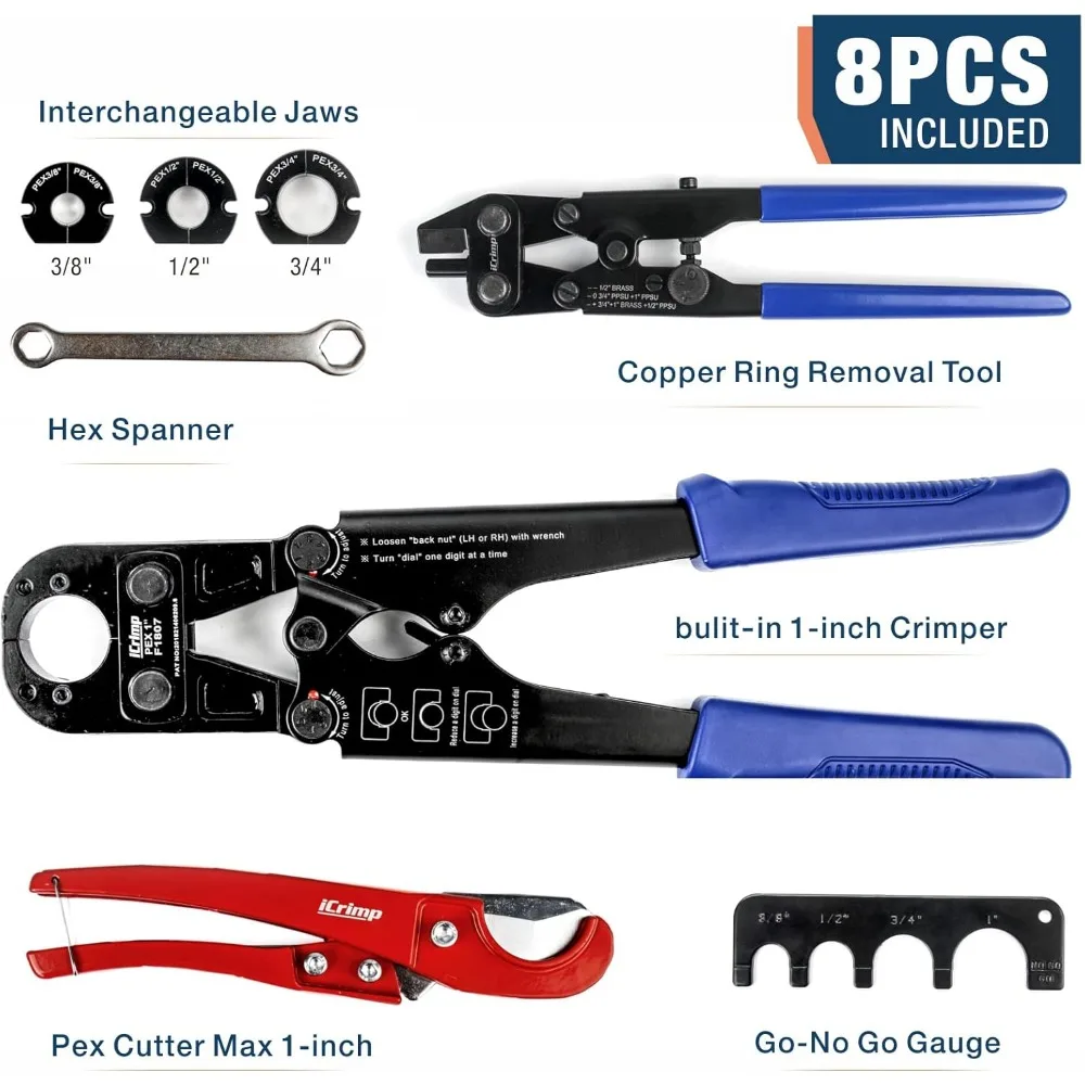 Copper Ring Crimping Tool Kit for 3/8,1/2,3/4,1-inch Pex Pipe with Free Removal Tool & Cutter & Gauge