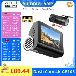 New 70mai Dash Cam A810S 4K HDR GPS ADAS Auto Record Dual-Channel Motion Detection 4G LTE Support Car DVR 70mai A810S Global Ver