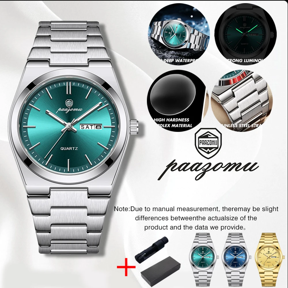 PAAZOMU Top Brand Luxury Men Quartz Watches Original Watch for Man Waterproof Luminous Date Week Stainless Steel Wristwatch Male