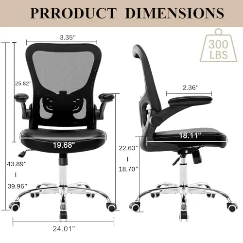 

Mid-Back Mesh Office Chair With PU Leather Seat, Adjustable Height, Lumbar Support, Flip-Up Arms, Swivel Rolling Base, Black