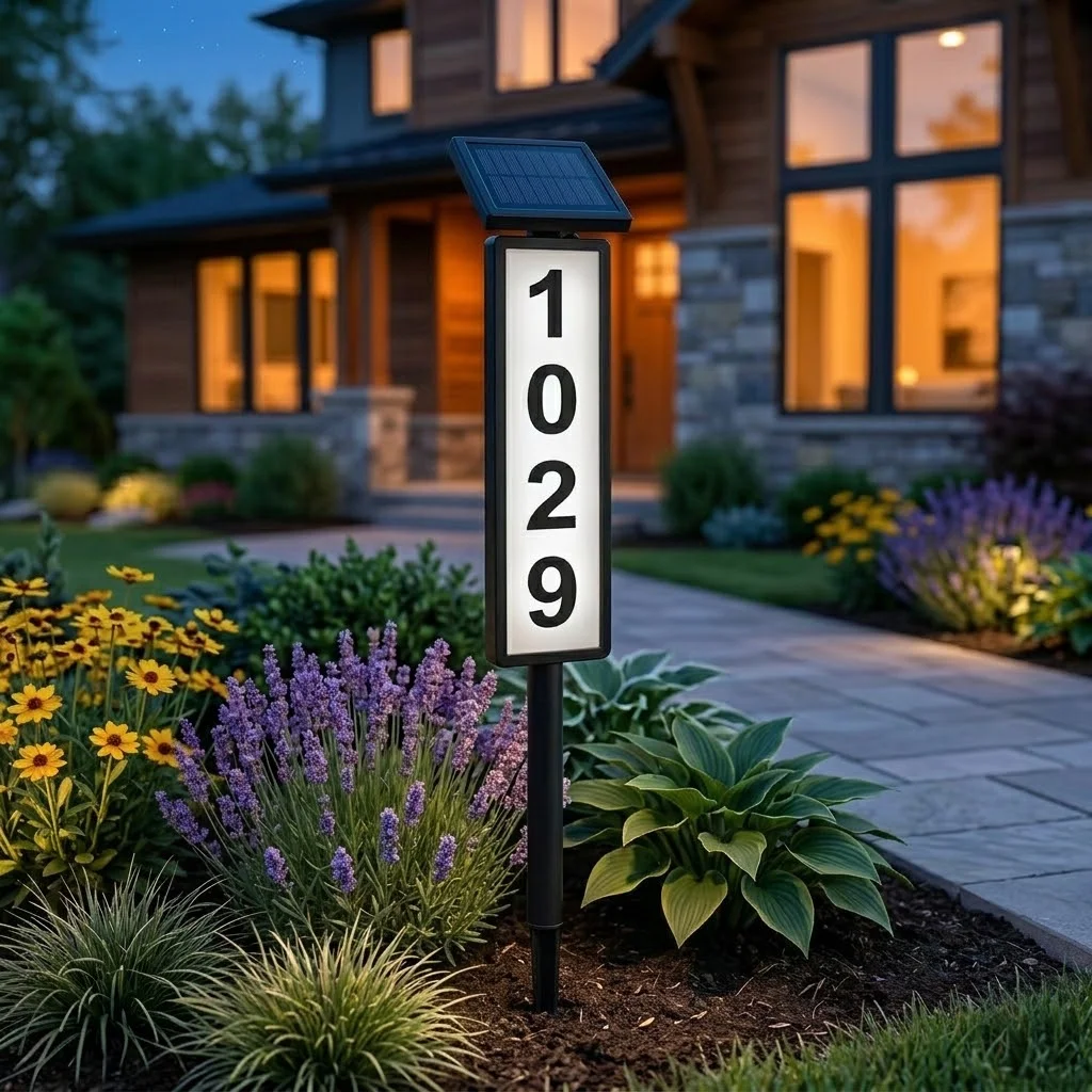 Solar Powered LED Illuminated House Address Sign,Waterproof Yard Stake Address Number Plaque,Long‑Distance Night Visibility Marker for Driveway,Guest & Delivery Navigation,Outdoor Lawn Property Marker Sign