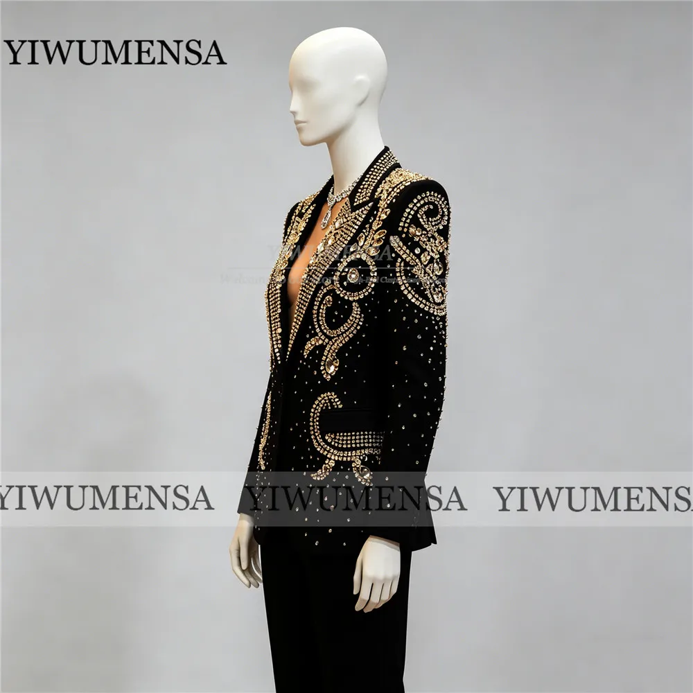 

Exquisite Rhinestones Beaded Suit Men Slim Fit Single Breasted Prom Blazer Customized 2 Piece Sets Groom Wedding Tuxedo Outfits