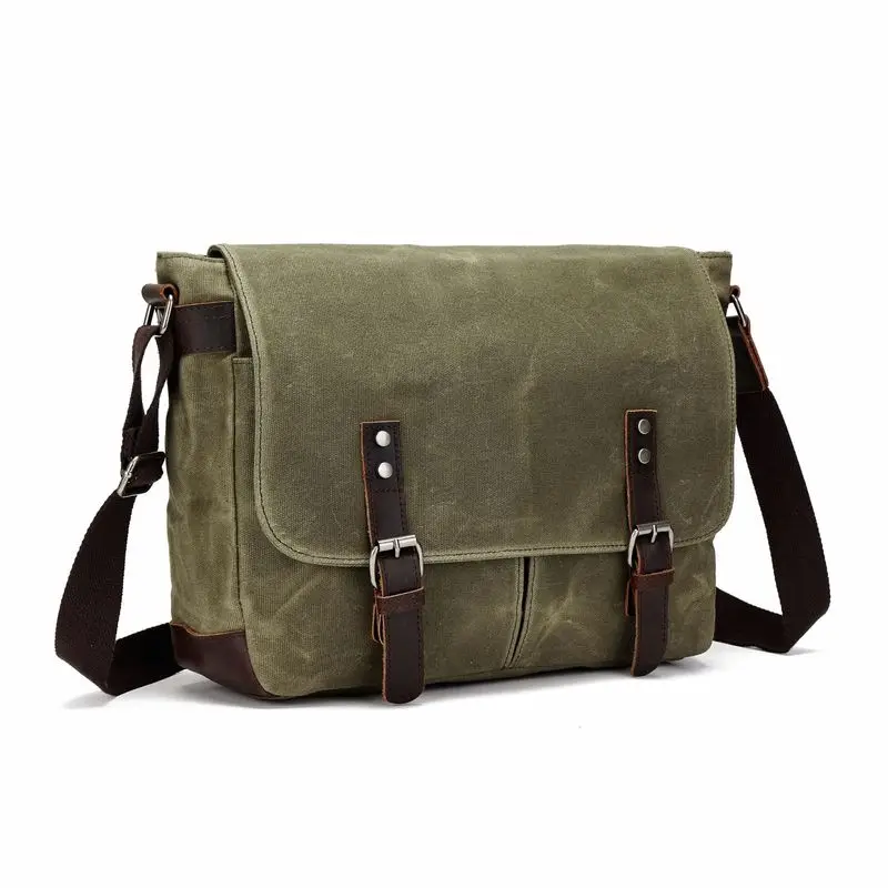 Trendy thick canvas fashionable shoulder bag wild horse leather waxed briefcase waterproof and unique crossbody bag