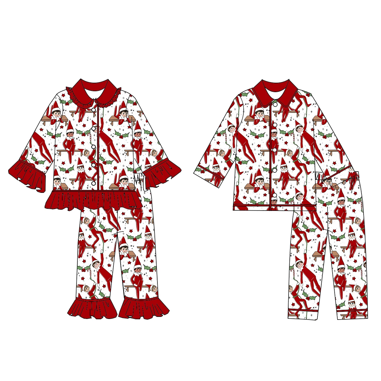 

Custom Boutique Children Christmas Pyjamas Set Kids High Quality Frills Girls Boys Pajamas Clothing