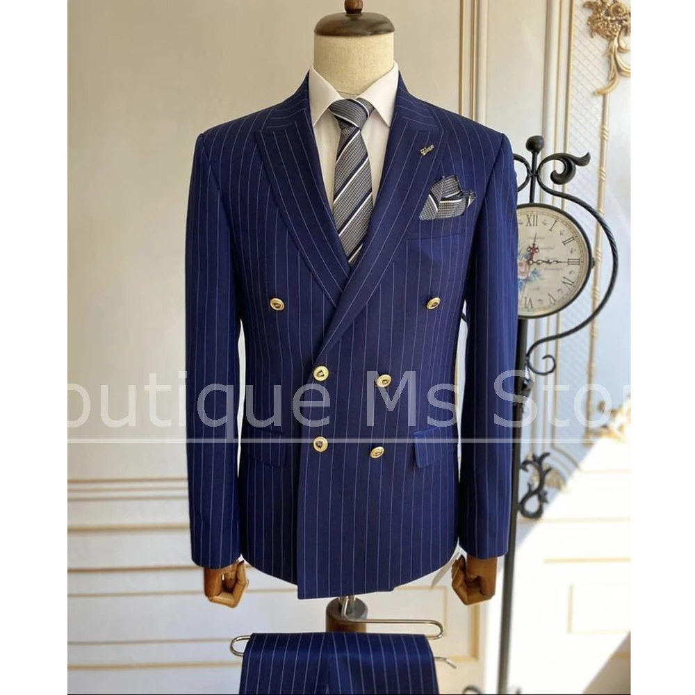 

Мужской костюм в тонкую полоску, двубортный костюм с острым лацканом, комплект из 2 предметов, шикарный деловой офисный мужской костюм для свадебной вечеринки