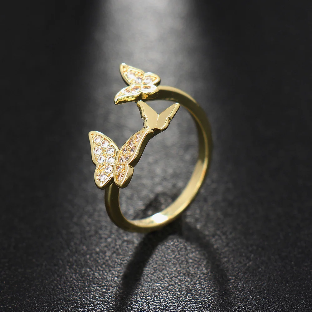 Emmaya-Anillo de circonia cúbica para mujer y niña, sortija ajustable con forma de mariposas vívidas, estilo Natural, joyería fina