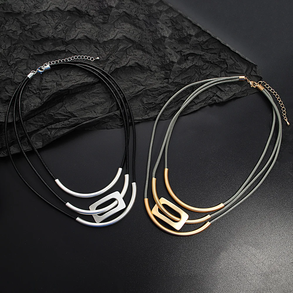ALLYES Vintage Multilayer Leather Choker Necklace for Women Personality Gold Color Curved Metal Tube Necklaces Collares Jewelry