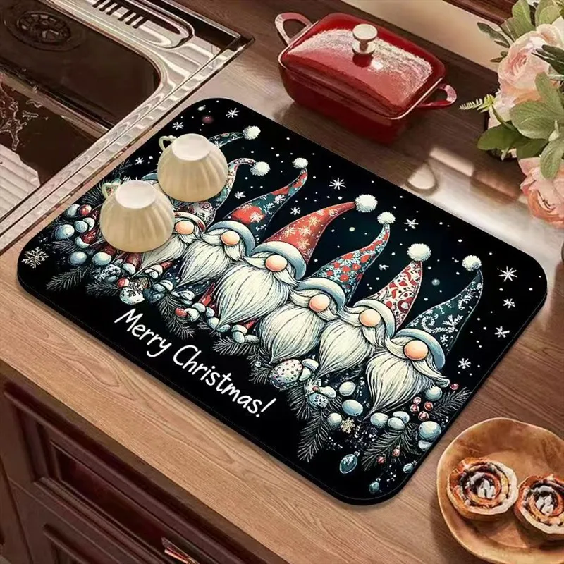 VIKAMA Diatomite Drying Mat, Super Absorbent Quick Dry Non-Slip Kitchen Counter Gnome Ornament Holly Candy Cane
