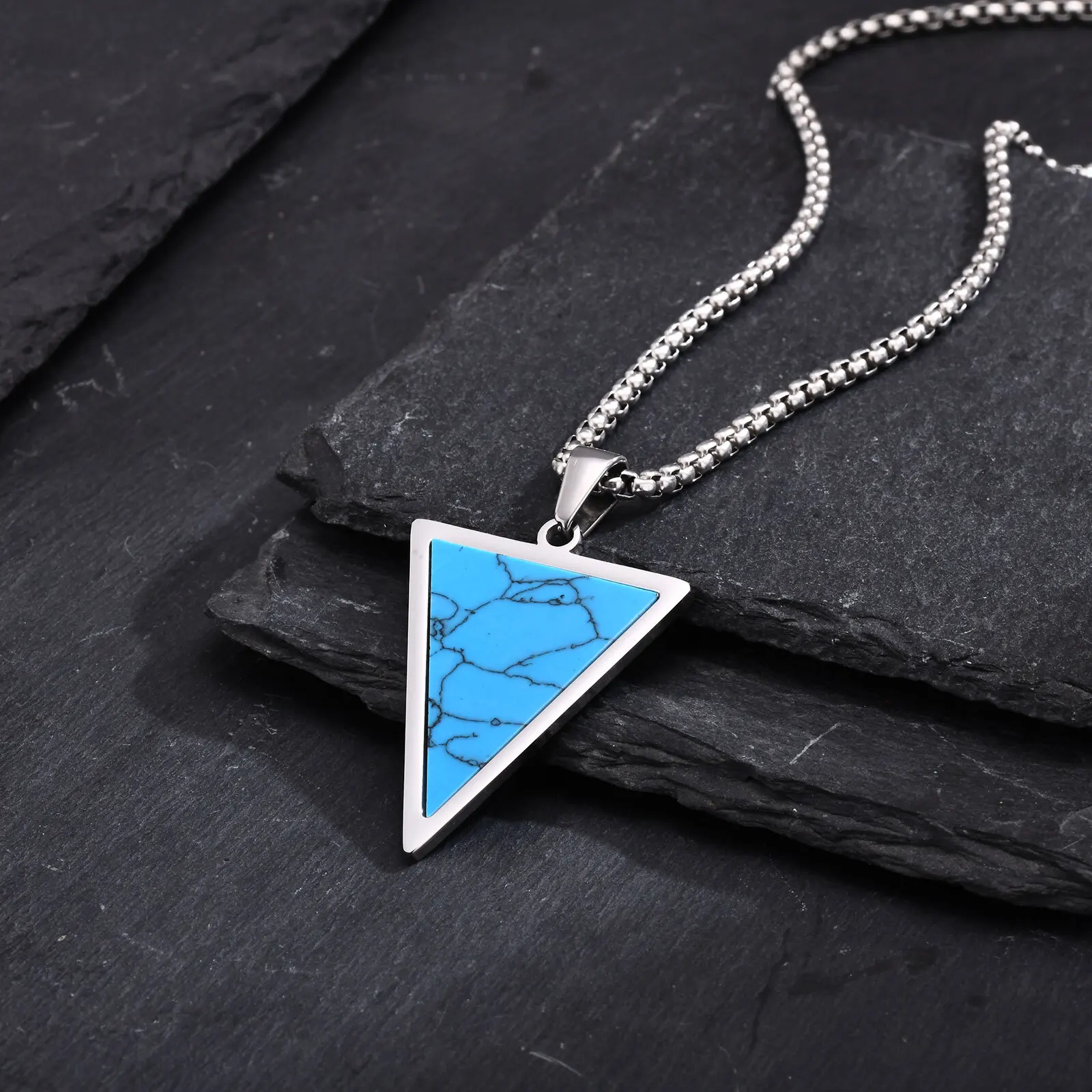 Vnox Inverted Triangle Pendant Necklace for Men Women, Stainless Steel Geometric Pendant with Natural Stone, Simple Cool Jewelry