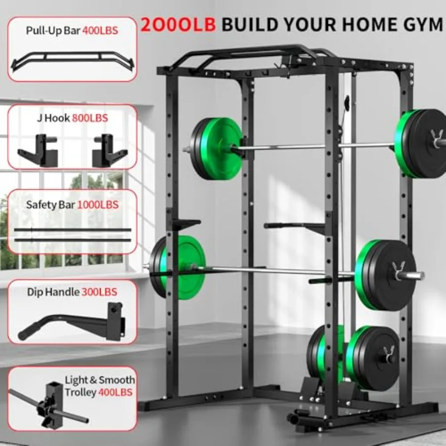Home gym power rack with LAT pulldown black steel 2000LBS capacity multi-function squat cage with J-hooks safety bars landmine