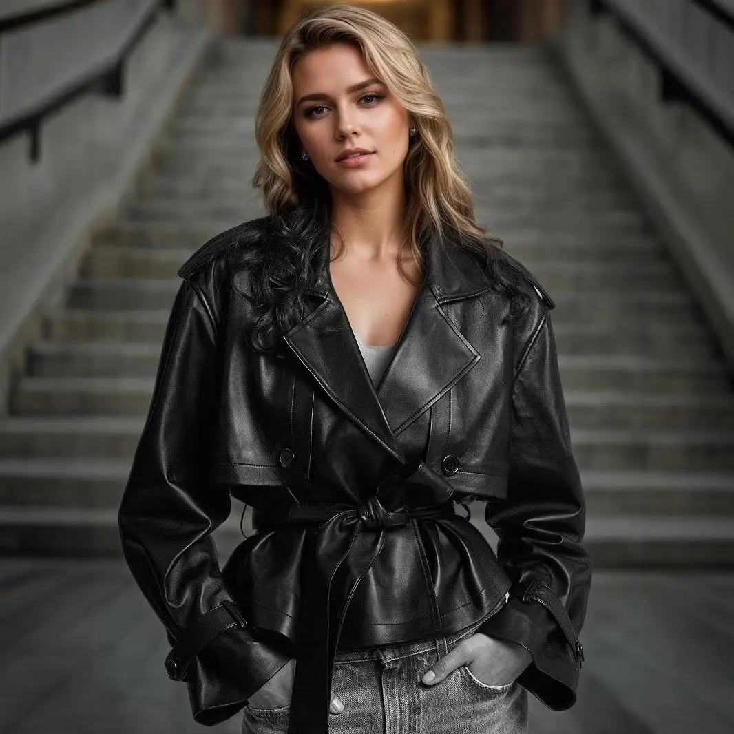 

Women's Cool Leather Jacket with Waist Cinching Elegant Style Long Sleeve Pure Color Fashionable Ladies' Biker Coat