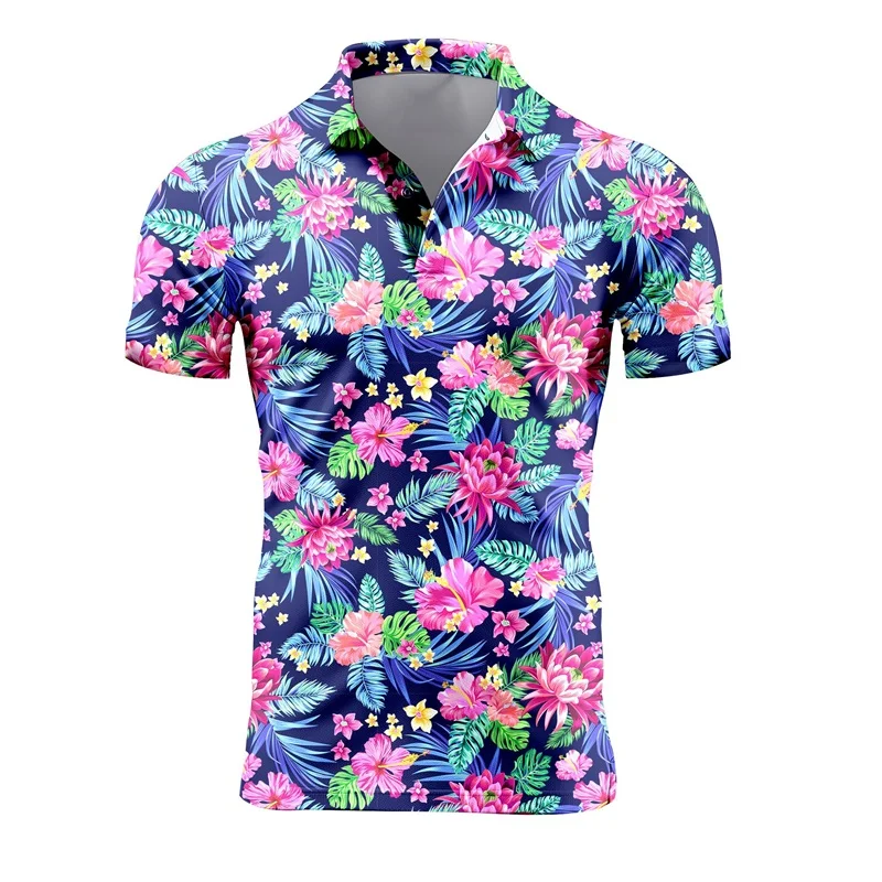 New Mens Retro Short Sleeve Polo Shirts 3d Full Print Flower T Shirts Men\'s Summer Casual Comfort Oversized Tee Shirt Tops Blue